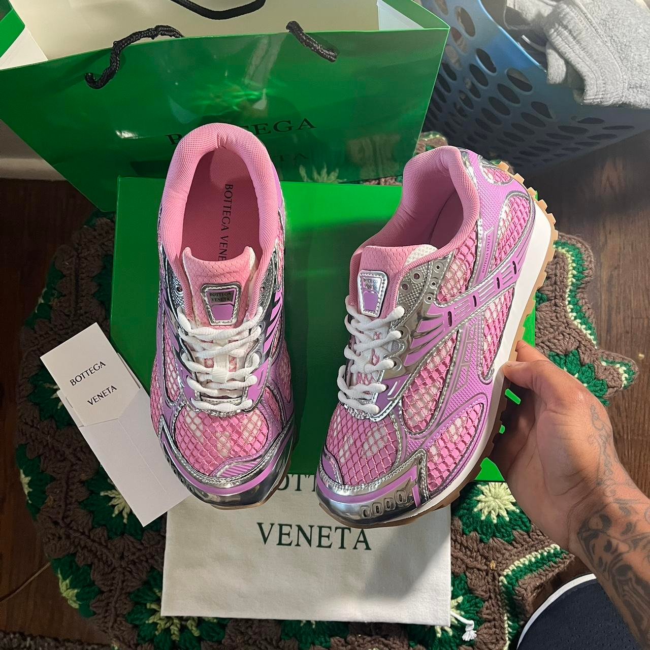 P0-1-475.jpg Bottega Veneta Women's Pink and Silver Trainers - Image 1