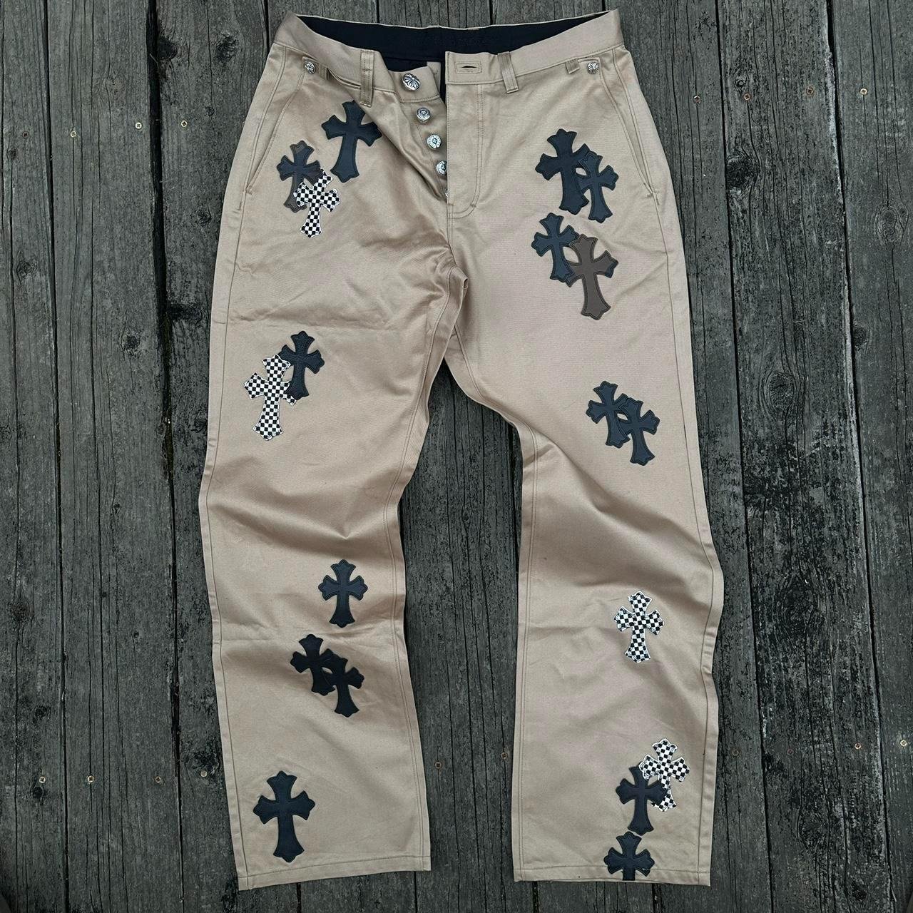 P0-414.jpg Chrome Hearts Men's Tan and Blue Jeans - Image 1